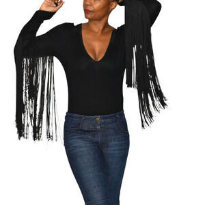ASOS Fringe Bodysuit Black Plunge V Neck Long Sleeve Stretch Statement Blouse 6